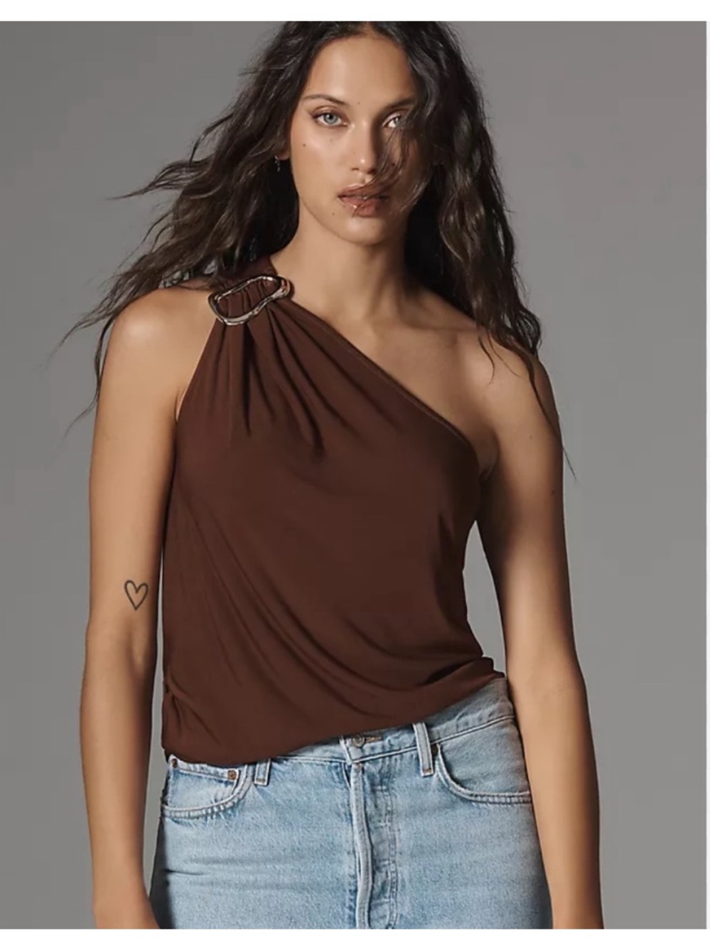 Dolan Anthropologie Left Coast One-Shoulder Buckle Top Chocolate Brown Drape Top